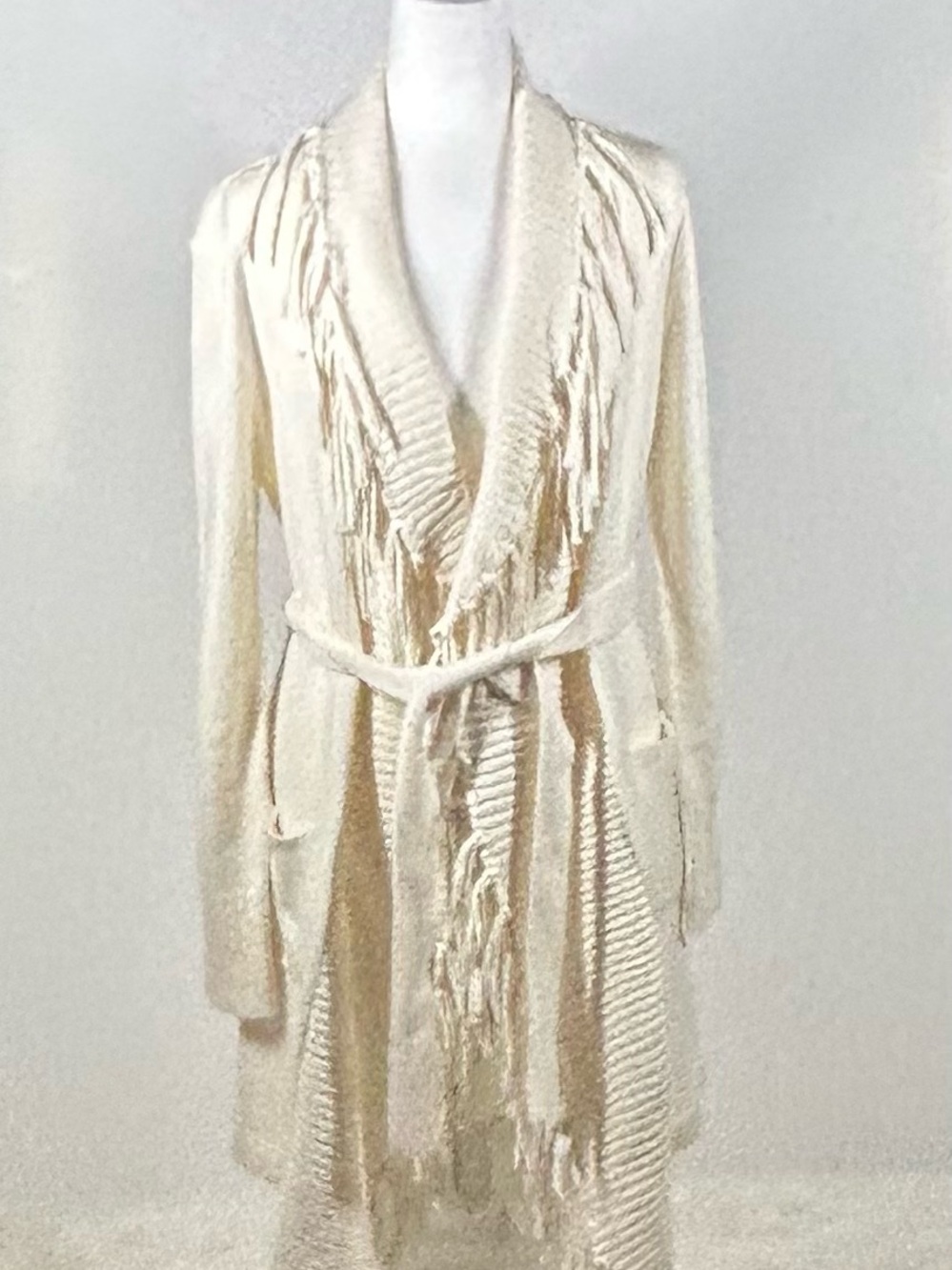 7th Avenue New York & Co Cream Fringe Belted Cardigan Sweater Size L